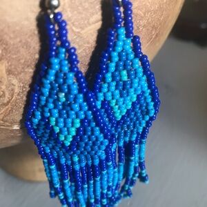 Native-Made Blue Beaded Fringe Earrings